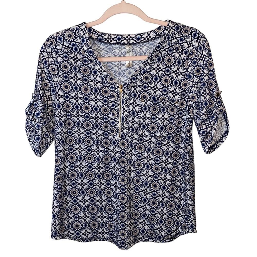 PerSeption Concept Blue White Print Blouse Small Half Zip Roll Tab Sleeve Top